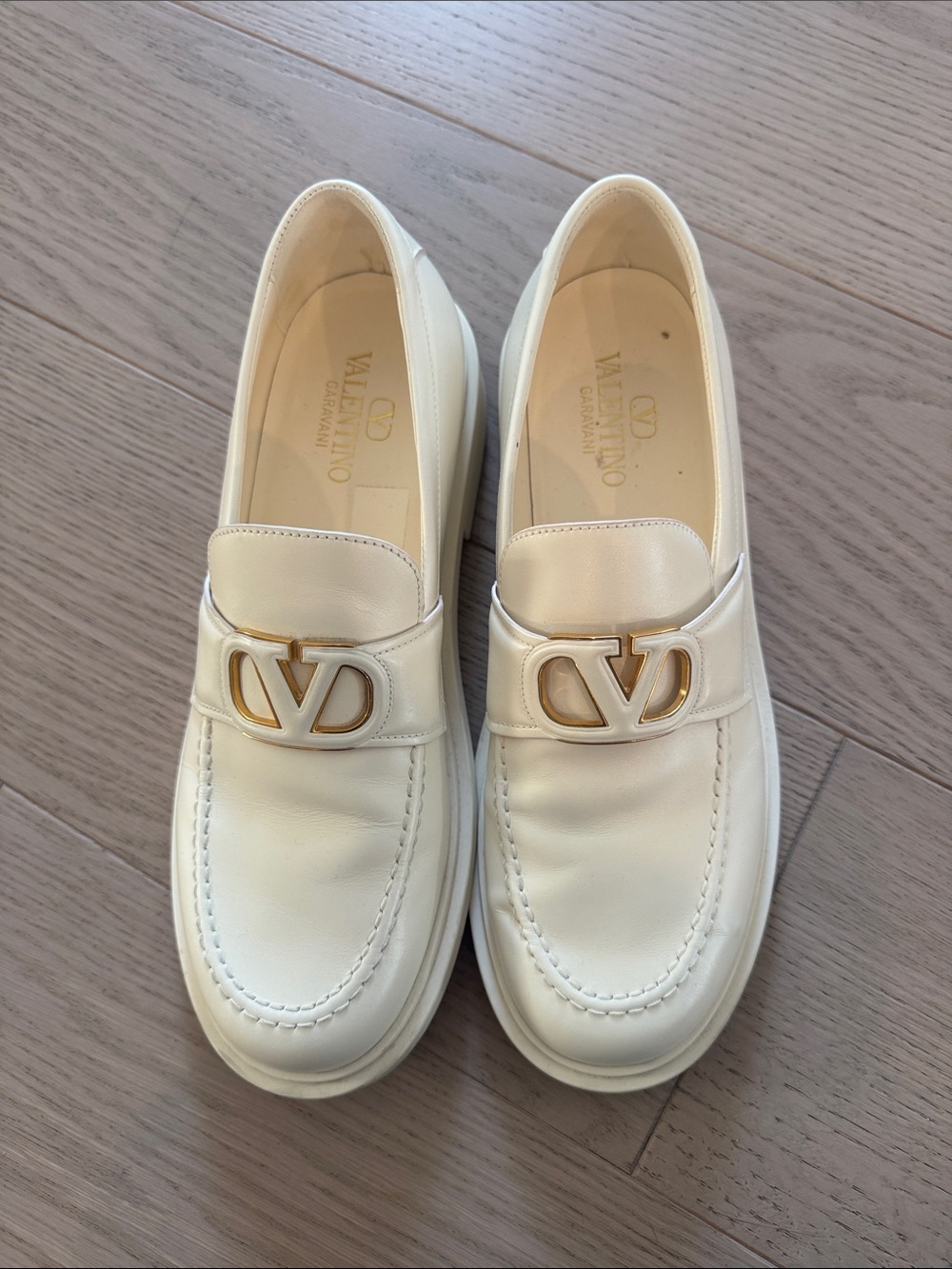 Valentino Garavani Cream Leather VLogo Loafers with Gold Hardware